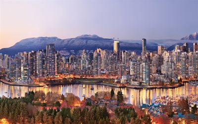 Vancouver, 4k, şehir, G&#252;n batımı, g&#246;kdelenler, ufuk &#231;izgisi, liman, Kanada, British Columbia