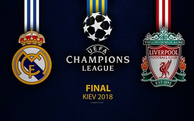 2018 UEFA Şampiyonlar Ligi, 4k, Real Madrid vs Liverpool FC, deri doku, logo, 2018 Kiev, finale promo, Ukrayna, yaratıcı sanat, futbol