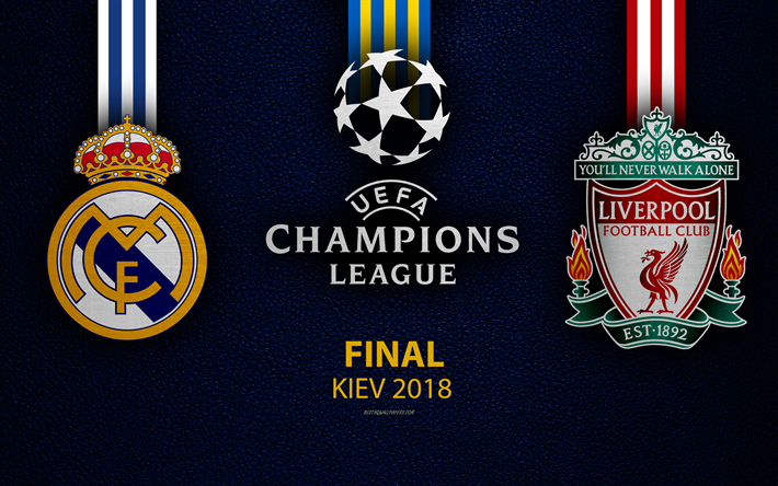 2018 della UEFA Champions League, 4k, Real Madrid vs Liverpool FC, grana di pelle, logo, Kiev 2018, finale promo, Ucraina, creativo, arte, calcio