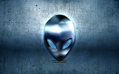 Alienware logo, 4k, blue metal background, grunge art, Alienware, brands, creative, Alienware 3D logo, artwork, Alienware blue logo