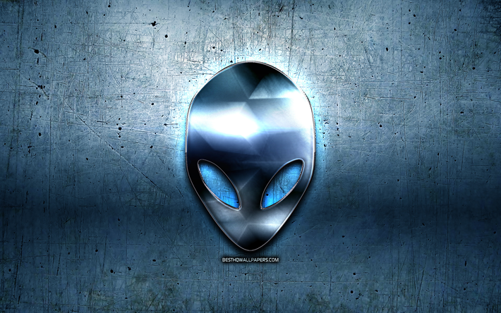 Logotipo de Alienware, 4k, azul metal de fondo, el grunge de arte, Alienware, marcas, creativo, Alienware logo en 3D, obras de arte, Alienware logo azul