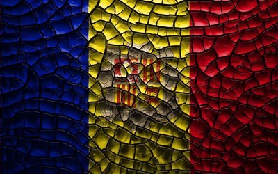 Bandiera di Andorra, 4k, incrinato suolo, Europa, Andorra, bandiera, 3D, arte, i paesi Europei, simboli nazionali, Andorra 3D bandiera