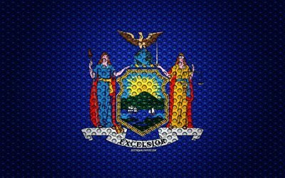 Bandiera dello stato di New York, 4k, di stato Americano, creativo, arte, rete metallica consistenza, stato di NY, bandiera, nazionale, simbolo, New York, USA, bandiere degli stati Americani