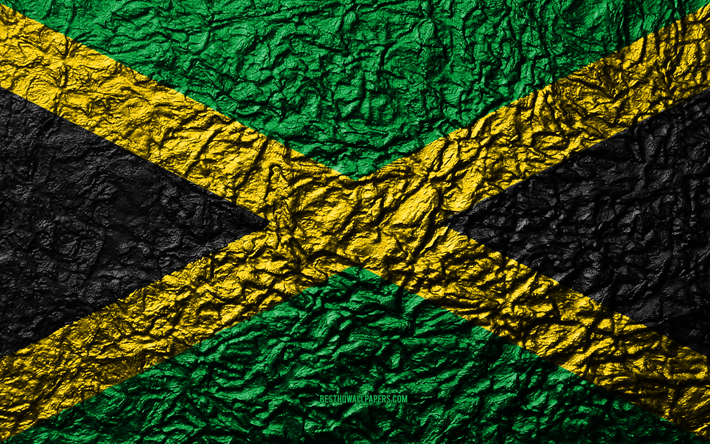 Jamaika bayrağı, 4k, taş doku, dalgaları dokular, Jamaika, bayrak, ulusal sembol, Kuzey Amerika, taş arka plan