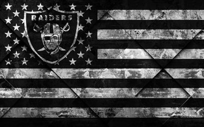 Oakland Raiders, 4k, American football club, grunge art, grunge texture, American flag, NFL, Oakland, California, USA, National Football League, USA flag, American football