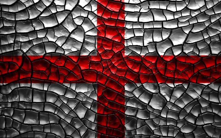 Flag of England, 4k, cracked soil, Europe, English flag, 3D art, England, European countries, national symbols, England 3D flag
