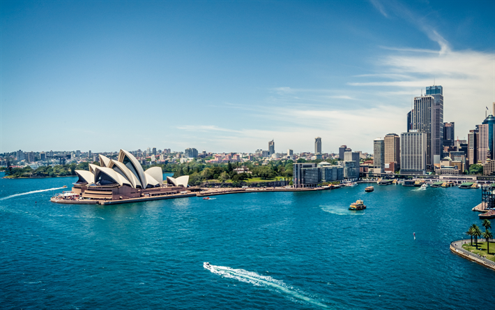 Sydney Harbour, 4k, Sydney Opera, şehir, yaz, iskele, Avustralya