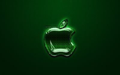 Apple green logo, green vintage background, artwork, Apple, brands, Apple glass logo, creative, Apple logo