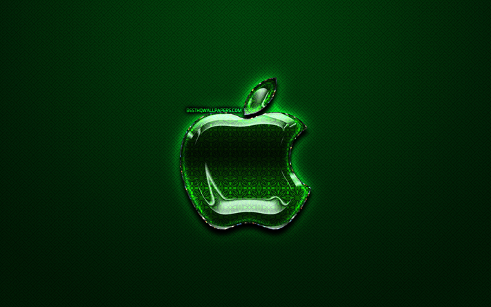 Apple logosu Yeşil, Yeşil vintage arka plan, sanat, Apple, marka, Apple cam logo, yaratıcı, Apple logosu