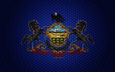 Flag of Pennsylvania, 4k, American state, creative art, metal mesh texture, Pennsylvania flag, national symbol, Pennsylvania, USA, flags of American states