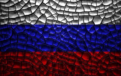 علم روسيا, 4k, تصدع التربة, أوروبا, العلم الروسي, الفن 3D, روسيا, البلدان الأوروبية, الرموز الوطنية, روسيا 3D العلم