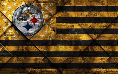 Pittsburgh Steelers, 4k, American football club, grunge art, grunge texture, American flag, NFL, Pittsburgh, Pennsylvania, USA, National Football League, USA flag, American football