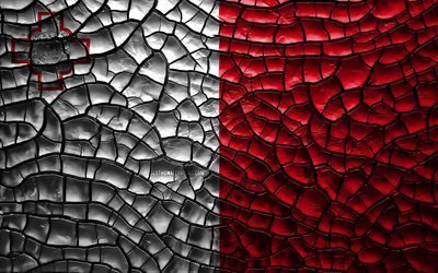 Bandiera di Malta, 4k, incrinato suolo, Europa, bandiera Maltese, 3D arte, Malta, paesi Europei, simboli nazionali, Malta 3D bandiera