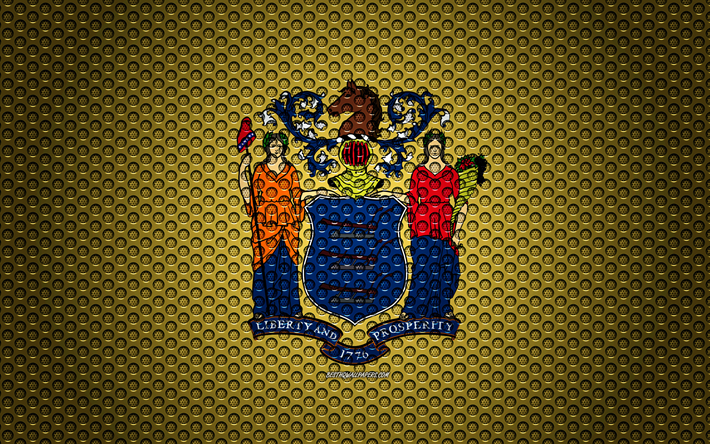 Flaggan i New Jersey, 4k, Amerikanska staten, kreativ konst, metalln&#228;t konsistens, New Jersey flagga, nationell symbol, New Jersey, USA, flags of American states