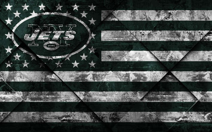 New York Jets, 4k, American football club, grunge art, grunge tekstuuri, Amerikan lippu, NFL, New York, USA, National Football League, USA lippu, Amerikkalainen jalkapallo