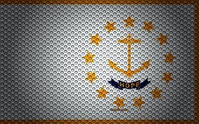 Bandera de Rhode island, 4k, el estado Americano, arte creativo, malla de metal textura, Rhode island bandera, s&#237;mbolo nacional, Rhode island, estados UNIDOS, banderas de los estados Americanos