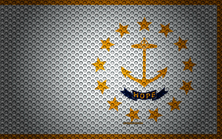 Bandeira de Rhode island, 4k, Estado americano, arte criativa, a malha de metal textura, Rhode island bandeira, s&#237;mbolo nacional, Rhode island, EUA, bandeiras dos estados Americanos