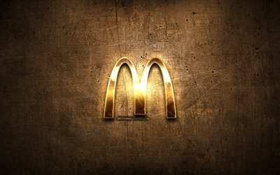 McDonalds de ouro logotipo, obras de arte, marrom metal de fundo, criativo, McDonalds logotipo, marcas, McDonalds