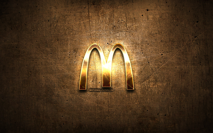 McDonalds gyllene logotyp, konstverk, brun metall bakgrund, kreativa, McDonalds logotyp, varum&#228;rken, McDonalds