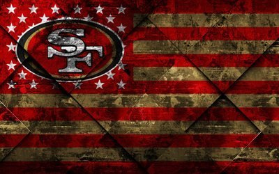 San Francisco 49ers, 4k, American football club, grunge art, grunge texture, American flag, NFL, San Francisco, California, USA, National Football League, USA flag, American football