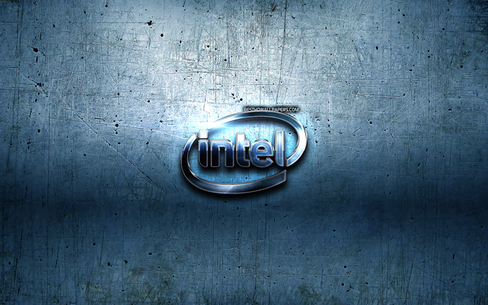 das intel-logo, 4k, blau metall-hintergrund, grunge, kunst, intel, marken, kreativ, intel 3d-logo, artwork, intel logo blau