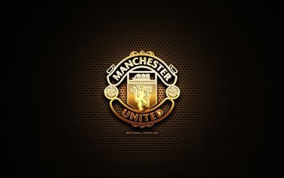 Manchester United FC, glitter logo, Premier League, english football club, metal grid background, Manchester United glitter logo, football, soccer, Manchester United, England