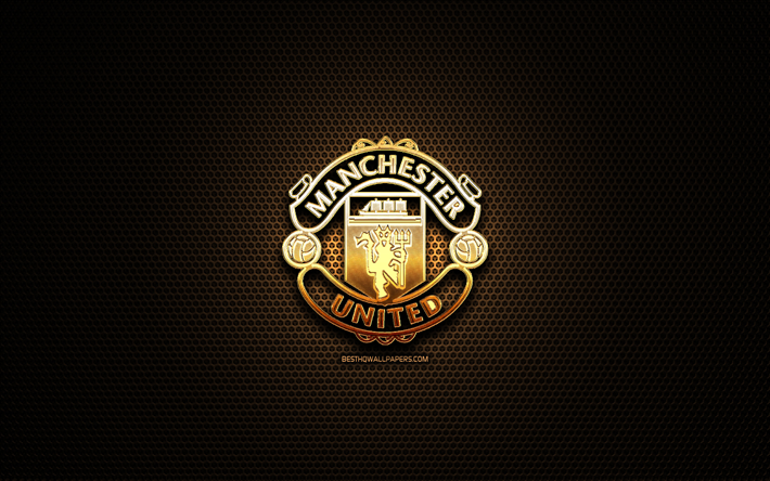 O Manchester United FC, glitter logotipo, Premier League, clube de futebol ingl&#234;s, grelha para plano de fundo, O Manchester United glitter logotipo, futebol, O Manchester United, Inglaterra