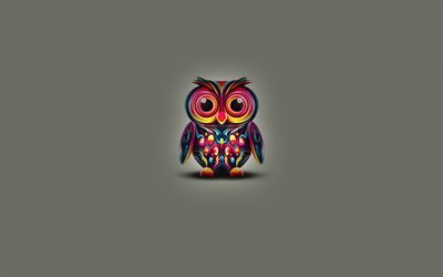 abstract owl, 4k, minimal, cartoon owl, gray background, colorful owl, cartoon birds, owl