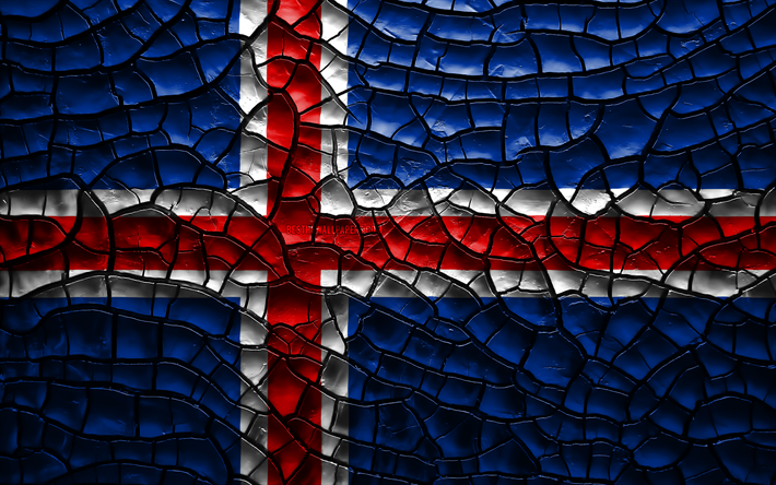 Flag of Iceland, 4k, cracked soil, Europe, Icelandic flag, 3D art, Iceland, European countries, national symbols, Iceland 3D flag