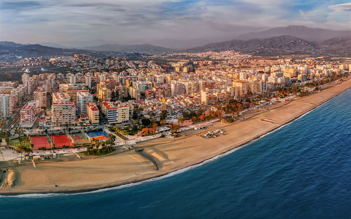 Malaga, Torre del Mar, plaj, sabah, G&#252;ndoğumu, Deniz, sahil, İspanyolca resort, End&#252;l&#252;s, İspanya