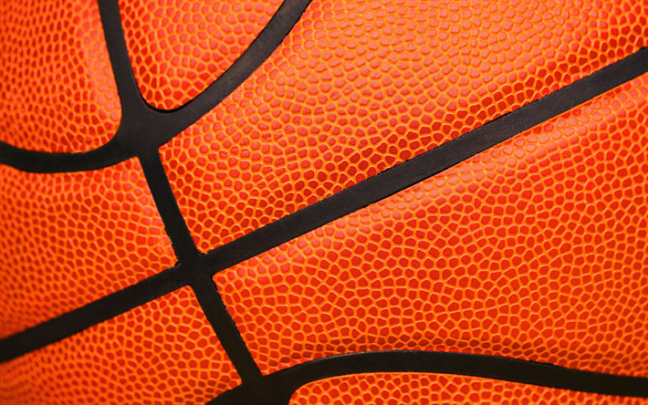 バスケットボールの質感, 4k, 近, バスケット, オレンジボール, オレンジ色の背景, ボール