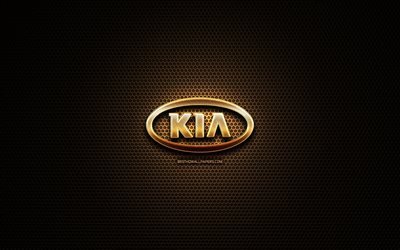 KIA glitter logo, automotive brands, creative, metal grid background, KIA 3D logo, brands, KIA