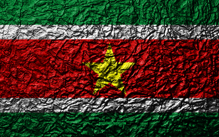 Flag of Suriname, 4k, stone texture, waves texture, flag, national symbol, Suriname, South America, stone background