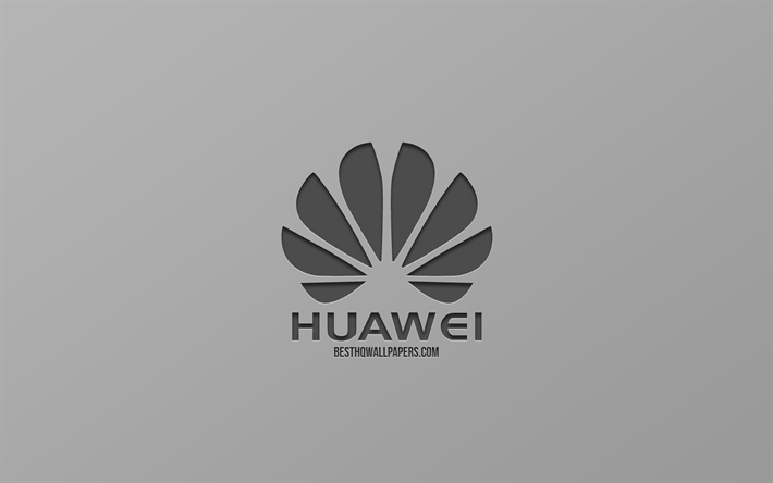 huawei-logo, grauer hintergrund, kunst, wappen, marken, stilvolle art, huawei