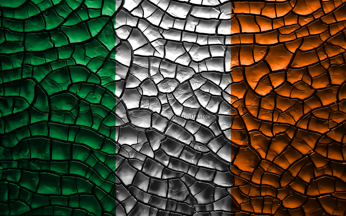 Flag of Ireland, 4k, cracked soil, Europe, Irish flag, 3D art, Ireland, European countries, national symbols, Ireland 3D flag