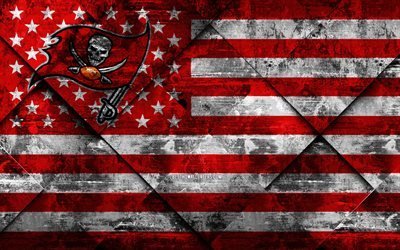 Tampa Bay Buccaneers, 4k, American football club, grunge art, grunge texture, American flag, NFL, Tampa, Florida, USA, National Football League, USA flag, American football