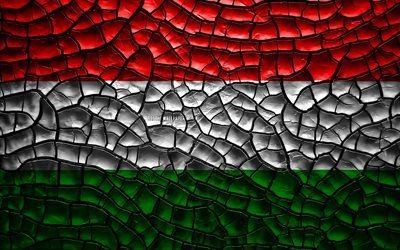 Bandeira da Hungria, 4k, solo rachado, Europa, H&#250;ngaro bandeira, Arte 3D, Hungria, Pa&#237;ses europeus, s&#237;mbolos nacionais, Hungria 3D bandeira