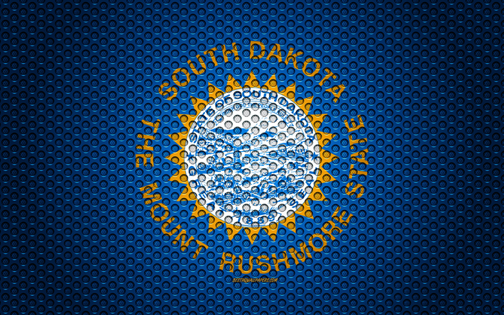 Amerika Birleşik Devletleri, G&#252;ney Dakota bayrağı, 4k, Amerikan devleti, yaratıcı sanat, metal mesh dokusu, G&#252;ney Dakota bayrak, ulusal sembol, G&#252;ney Dakota, ABD bayrakları