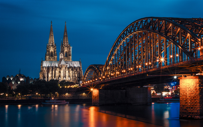 Cologne Cathedral, Cathedral Church of Saint Peter, Cologne, evening, sunset, cityscape, landmark, Roman Catholic, North Rhine-Westphalia, Koln, Germany