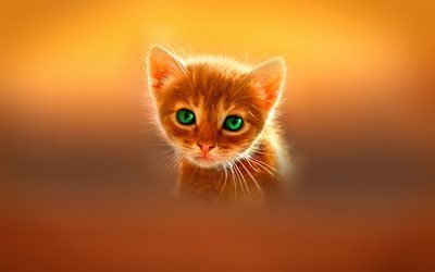 小さな生姜子猫, かわいい動物たち, 子猫と緑色の瞳を, ボケ, 猫, 国内猫, ペット, 生姜猫, 生姜子猫