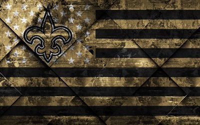New Orleans Saints, 4k, American football club, grunge art, grunge texture, American flag, NFL, New Orleans, Louisiana, USA, National Football League, USA flag, American football