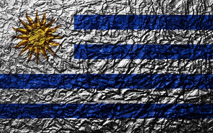 Flag of Uruguay, 4k, stone texture, waves texture, Uruguayan flag, national symbol, Uruguay, South America, stone background