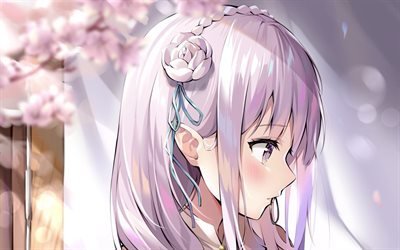 Emilia, close-up, spring, manga, Re Zero, girl with pink hair