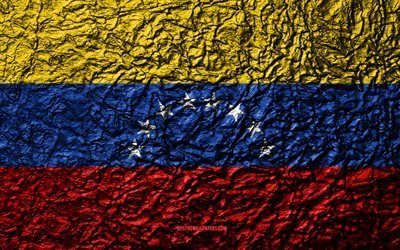 Flag of Venezuela, 4k, stone texture, waves texture, Venezuelan flag, national symbol, Venezuela, South America, stone background
