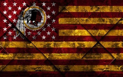 Washington Redskins, 4k, American football club, grunge art, grunge texture, American flag, NFL, Washington, USA, National Football League, USA flag, American football