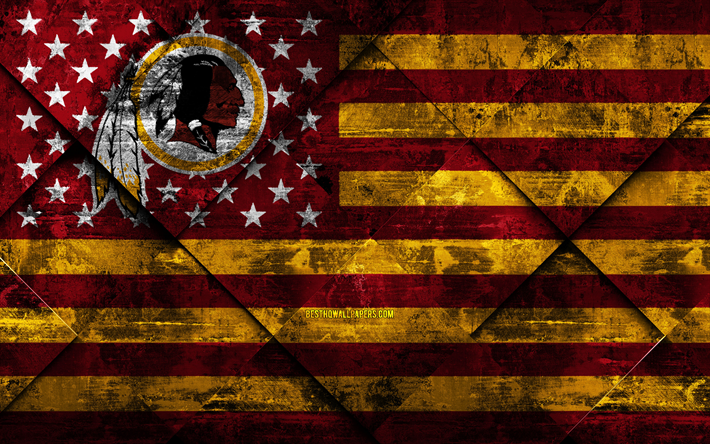 Washington Redskins, 4k, American football club, grunge art, grunge tekstuuri, Amerikan lippu, NFL, Washington, USA, National Football League, USA lippu, Amerikkalainen jalkapallo
