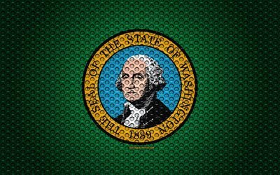Flag of Washington, 4k, American state, creative art, metal mesh texture, Washington flag, national symbol, Washington, USA, flags of American states
