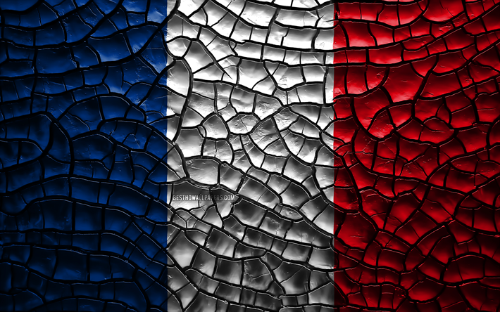 旗のフランス, 4k, ひび割れの土, 欧州, フランス語フラグ, 3Dアート, フランス, 欧州諸国, 国立記号, フランスの3Dフラグ
