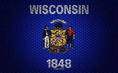 Flag of Wisconsin, 4k, American state, creative art, metal mesh texture, Wisconsin flag, national symbol, Wisconsin, USA, flags of American states