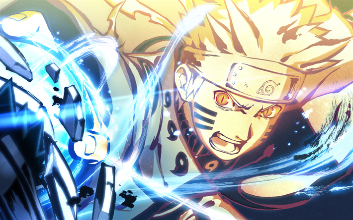 Naruto Uzumaki, blue neon lights, battle, manga, artwork, Naruto